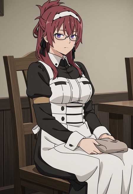 <lora:Lilia GREYRAT_illustrious-000054:1>,1girl,
Lilia GREYRAT,solo,maid,glasses,sitting,maid headdress,apron,breasts,maid apron,dress,holding,closed mouth,chair,looking at viewer,anime screencap