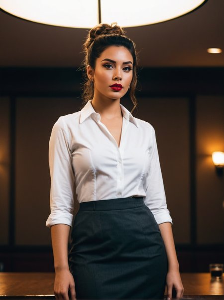 A dynamic cinematic photograph of Brett_Bowles_P_MXAI_SDXL , angry expression, wearing a pencil skirt, wearing a dress shirt, wearing a blazer, standing at the edge of a conference table, shot from below, ((cowboy shot)), PA7_Portrait-HL_v2, SK_CINEMATIC, ziprealism