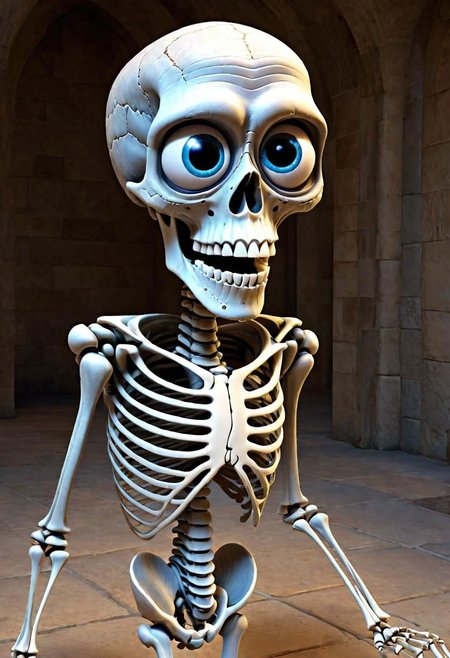 3d,art by pixar,cartoon, a fleshmutant old white skeleton, big eyes, dusty, cobwebs