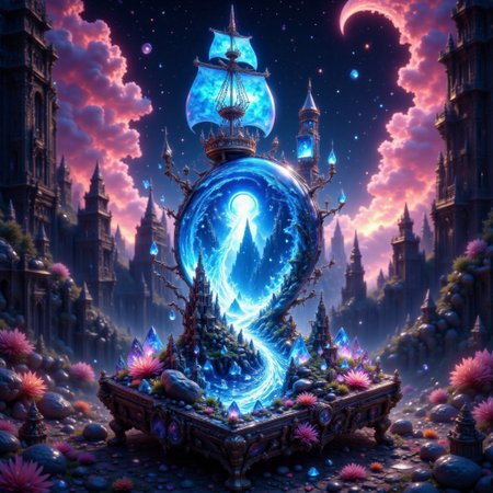 bo-exposure, pinketherealmj, a crystal ball showing A beautiful magical ocean inside, with a fleet of fantasy style  mini viking ships. The crystal ball is floating inside a colorful cosmic storm on space, magical glow, internal glow, magic, fantasy, glowing, colorful,