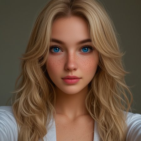 best, masterpiece, Domi with wavy blonde hair and blue eyes, extreme closeup, exotic colorful makeup, model face, model pose, selfie, highly detailed skin texture, freckles, highly detailed photo, professional photograph, dynamic lighting