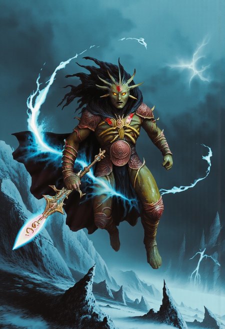 b3rs3rk macro lens d4concept pov, 3D01S, simple background d4artstyle atmospheric and powerful MikeFranchinastyle dark fantasy, natural organic and first person pov of a berserk style creature in the Tsutomu Nihei style 
Fierce goblinoid warrior-mage, sickly yellow-green skin, sharp angular features, long pointed ears. Piercing amber eyes with otherworldly glow, wild dark hair with braids and feathers. Muscular build, battle-scarred body. Intricate armor with swirling patterns, red gemstones, and bone accents. Segmented plates transition between polished metal and rough-hewn scales. Fur-trimmed cloak billowing dramatically. Dual-wielding: curved blade crackling with blue energy in one hand, ornate staff pulsing with arcane light in the other. Mystical runes etched into weapons and armor, glowing faintly. Posed mid-leap on craggy terrain, kicking up snow and ice shards. Ethereal magic swirling around figure, creating ghostly afterimages. Background: stormy sky with lightning, jagged ice formations. Hyper-detailed textures: rough leather, polished metal, coarse fur, weathered bone. Dramatic lighting: harsh shadows, cool blue highlights, warm amber undertones. Photorealistic rendering with fantasy elements, cinematic composition. Style blend: dark fantasy meets tribal shaman aesthetic.
UHD letterboxed game trailer frame chromatic aberration dark atmosphere sharp masterpiece with a focus on the character, elden ring style, dark atmosphere,