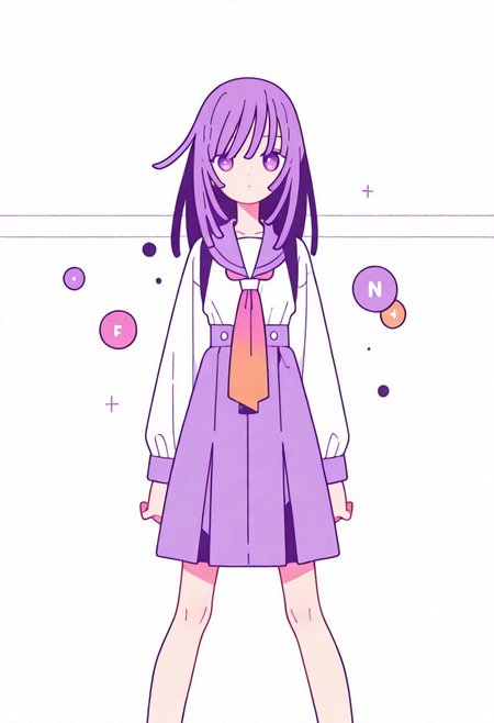 Flatline, Flat vector illustration, looking at viewer, full_body, 
nadeko, long hair, long bangs, school_uniform, sailor, 
slim, slender, knees, 
from front, front view, straight-on, look at viewer, standing, (legs apart:1.4), 
white background,