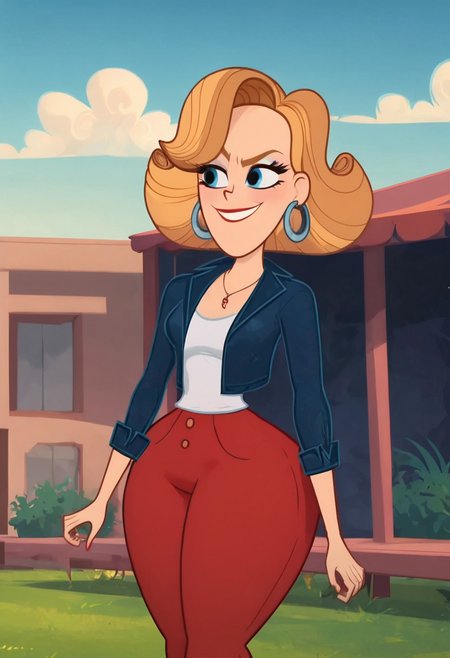 score_9, score_8_up, score_7_up, ultra quality, solo, 1girl, hoop earrings, red pants, blue jackets, Kitty Cartwright, short blond hair, smug smile, face focus, big hips, huge butt, bubble butt, curvy, narrow waist, standing, upper body, front view, looking to the viewer, close up, screencap