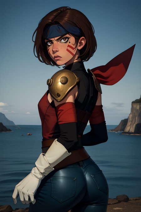 Smellerbee,short brown hair, red facial mark, brown eyes, eyeliner, mean look, ,  toned,  cowboy shot,   looking at viewer,  rear view, ass, 
SmelAtt,dark blue headband,(white gloves),leather chest plate, single shoulder pad, red armband, pants, ,blue pelvic sash  
nighttime, near sea,
(insanely detailed, beautiful detailed face, masterpiece, best quality)  <lora:Smellerbee-10 v3:0.8>,