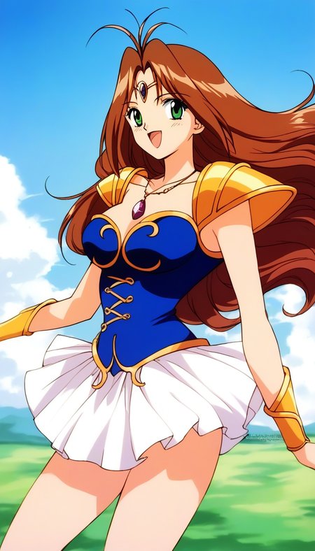 score_9, score_8_up, score_7_up, source_anime, rating_explicit, BREAK <lora:Tanima_Yuri_XL:1>Tanima_Yuri, 1girl, solo, long hair, brown hair, green eyes, antenna hair, breasts, 1990s (style), anime coloring, smile,
armor, long hair, shoulder armor, , pauldrons, open mouth, , breasts jewelry, purple jewelry,
smile, cowboy_Shot. blue corsetã
circlet, necklace, looking at viewer, purple gem, breastplate, collarbone, watermark, shoulder pads, :d, bangs, 
day, sky, outdoor,