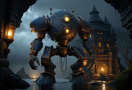 giant bipedal robot dirty slate blue and dark amber, bronze paisley robot. lacy robot diving helmet head. outside of a steampunk keep. large detailed torso. dark image. one forty foot tall ancient robot with great arms and two heavy spring legs. dark foggy night background. $dark foggy night image only. dark photo realistic image. steampunk details. cogs, chains and pipes incorporated in the fantasy buildings. magic wizards tower in background. Dark swamp, moss, castle ruins, wizards tower. stormy dark night.