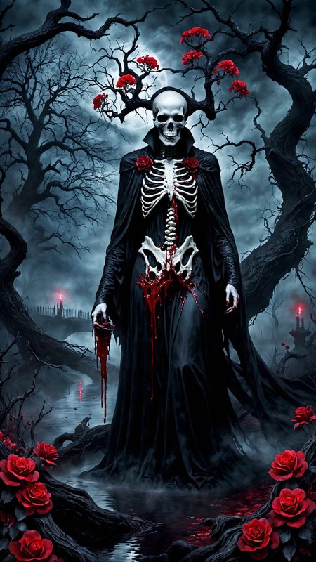 Horror theme, dark and eerie atmosphere, hyperrealistic, bloody stream,  ominous tree with twisted branches, skulls scattered around the base, vibrant red flowers, ethereal lighting, glowing moon in the background, dramatic shadows, intricate details, haunting ambiance, realistic textures, misty fog, unsettling and creepy, gothic elements, red and black color palette, ultra-quality, foreboding scene, sinister mood, ethereal glow, detailed background, magical elements, mysterious and terrifying, lifelike depiction, horror setting, gloomy sky, surreal and nightmarish, ghostly presence