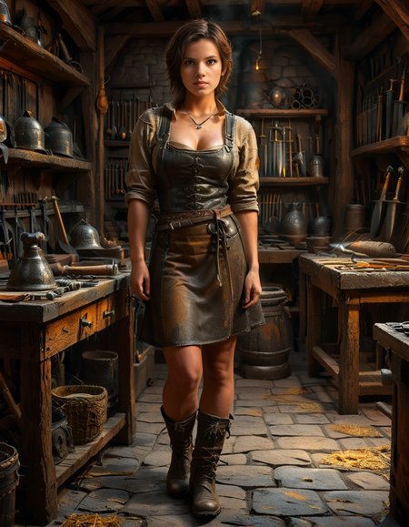 looking at viewer,(A strong and elegant female,1girl,short brown hair,medium breasts:1.3), blacksmith standing confidently in her medieval forge shop,medieval f0rg3 sh0p. She has a determined expression on her face, with soot and ash lightly marking her skin. She is wearing a thick leather apron with scorch marks, a rolled-up linen shirt underneath, and sturdy boots. Her muscular arms are visible, showing the strength of her craft. The background shows a dimly lit, rustic workshop filled with medieval tools: an anvil, a glowing furnace, hanging tongs, and shelves lined with metallic objects like swords and horseshoes. The warm orange glow of the fire contrasts beautifully with the dark, shadowy corners of the shop. The atmosphere is filled with details of realism, evoking a sense of hard work and medieval craftsmanship.<lora:SDXLFaeTastic2400:0.4> <lora:extremely_detailed:0.4> extremely detailed, <lora:medieval_f0rg3_sh0p:1>, Masterpiece,best quality,hi res,8k,hi res,8k,award winning,(sharp focus, intricate, highly detailed),