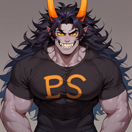 score_9, score_8_up, score_7_up, score_6_up, score_5_up, score_4_up, 
1boy, solo, buff, muscular, hunky, horns, troll, grey skin, yellow sclera, purple eyes, purple symbol on shirt, black shirt, black sweatpants, black hair, long hair, messy hair, huge pecs, horns, smug eyes, smug grin, sharp teeth,