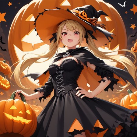 long twintails, blonde hair, pumpkin hat,medium breasts ,fang
gothic dress,torn cloak,
halloween, halloween costume,pose
arm raised on the hat,hand hip 
Low-angle view 
score_9, score_8_up, score_7_up,  masterpiece, best quality, source_anime, source_hentai,  uncensored, detailed background,