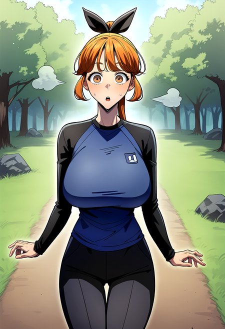 score_9, score_8_up, score_7_up, score_6_up, source_anime, rating_explicit, <lora:neg4all_bdsqlsz_V3.5:2.0>1girl, (solo:1.1), huge breasts, <lora:Lee nayeonponyxl:1> long hair, brown eyes, brown hair, ponytail, orange hair, hair bow, black bow,blue shirt, long sleeves, raglan sleeves, black pants, surprised, Narrow shoulders, sweat, heavy breathing, steaming body, forest, indoor, looking at viewer