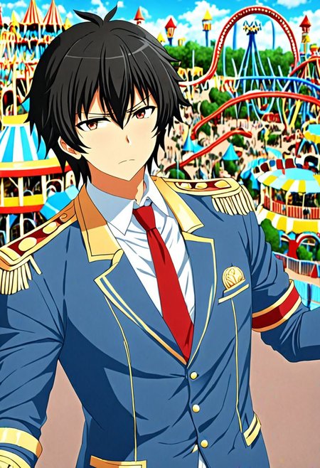 high resolution, solo, best quality, 1Boy, Seiya Kanie, black hair, Manager, Wihite Shirt, Blue Jacket, theme park, gold aiguillettes, red tie, OverallDetail
