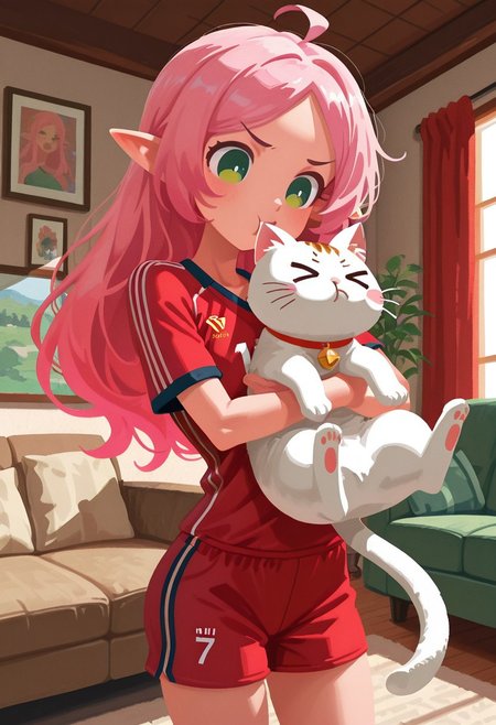 solo,
living room, holding cat, o3o, >_<, happy,
elf girl, skinny, pink hair, green eyes, red soccer jersey,
t4kar4i_illu, no_outlines, no lineart,
masterpiece, best quality, absurdres, [dynamic pose]