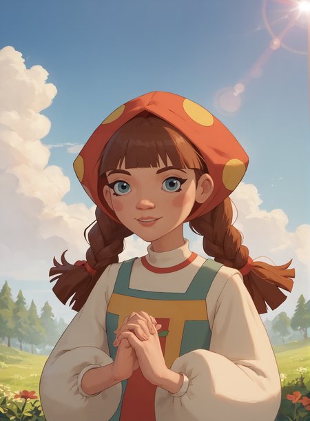 score_9, score_8_up, score_7_up, 1girl, solo, lubava, portrait, cowboy shot, outdoors, clasping hands, clouds, lens flare, looking at viewer,  <lora:melnica_girls_pxl_v1.1:0.8>