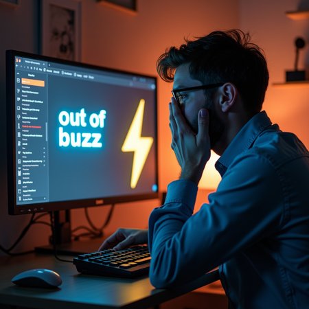 Man crying in front of his computer, the computer displays a message that I said: "out of buzz" next to a lightning bolt sign