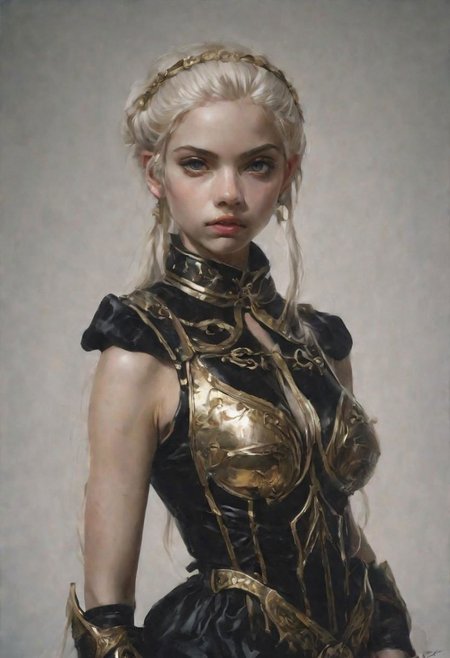 1girl, 25yo,, hyperrealistic, masterpiece, trending on artstation, oil on canvas, baroque, (((black dark background))), full baroque plate armor, elf ears, golden circlet,