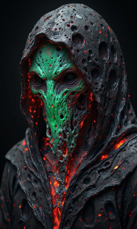 dark eldritch entity shrouded in a hooded cloak, its form shifting and twisting like living coral. The creature’s body is made of an organic, porous material, with countless holes forming eerie, unnatural patterns. Its face is obscured by the deep shadows of the hood, leaving only an unsettling void. The texture of its body is a mix of chitinous ridges and liquid-like structures, as if frozen mid-motion. The surface of the entity is primarily deep charcoal gray, but veins of glowing crimson and eerie green pulsate through its porous structure, casting an ominous light. The red glow seems to emanate like embers from within, while the green has a toxic, almost radioactive hue. The cloak is a muted black with faint streaks of crimson light reflecting off its edges, adding an otherworldly vibrancy to the darkness. The glowing elements create a ghostly contrast against the shadows, emphasizing its unnatural presence.