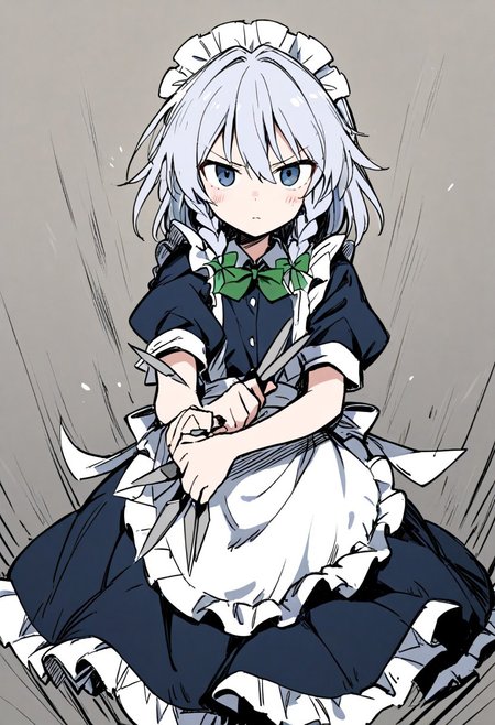1girl, izayoi sakuya, touhou, solo, maid headdress, maid, apron, short sleeves, dress, closed mouth, white apron, looking at viewer, maid apron, puffy short sleeves, frills, puffy sleeves, black dress, frilled apron, hair between eyes, outdoors, blush, throwing knives, knives, serious face, upper body, masterpiece, best quality, very aesthetic, absurdres
kzit