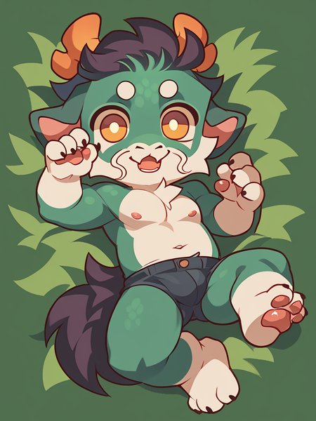 score_9, score_8_up, score_7_up, high quality, hires, male, solo, anthro, furry, topless, on back, chibi, looking at viewer, full body, <lora:Greene:1>