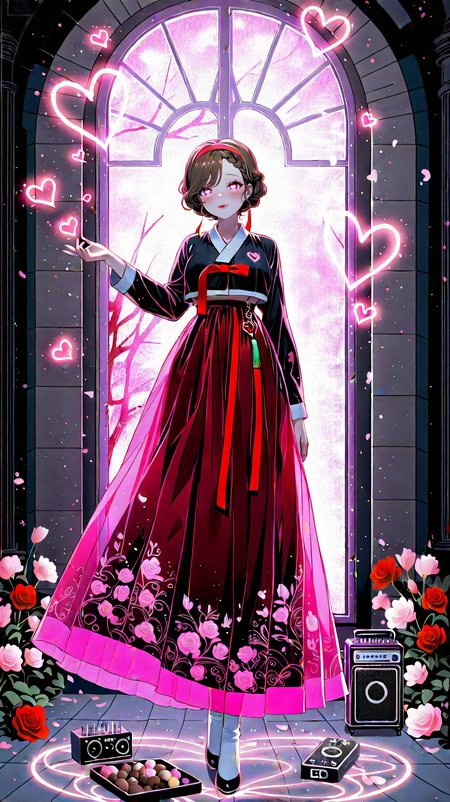 IllusP0s_1097608,  (masterpiece), (best quality), (ultra-detailed), amazing quality, very aesthetic, illustration, perfect composition, intricate details, absurdres, incredibly absurdres, BREAK,
hot attractive  girl , Romance,a man proposing to the love of his life,pink flower, happy valentine, valentine,cherry blossoms, a man and woman falling in love at a wedding,true love,love aura,pink light, (full body shot ) of two lovers feeding each other, detailed face, detailed hands, detailed eyes, located in a romantic scene at a secluded rooftop terrace during night with snowy weather, illuminated by starlight, creating a serene atmosphere,chocolate, 
,see-through cleavage, sonic sound amplifier,evening,red light ,romantic  atmosphere,heart,  heart-shaped pupils, (love):1.5,(hanbok,korean clothes,clothed underbust,hanfu),closed mouth,ribbon,,love  symbol,( floating heart,  heart circle):1.5.  hip armor, pink  , many red rose, 
she has short hair,hair over one breast,(wavy hair:1.2, ),brown hair,braided bangs, hairband ,
<lora:NSFWFilter_illusXL_Incrs_v1:-1>,(stained_glass,stained_glass_print,sglass style),bird_motif,hand on another's chest <lora:blacklight_anime_art:1>blacklight,