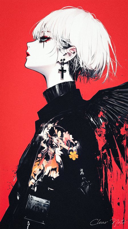 Japanese anime art style, A fierce girl stands alone, her short pink hair contrasting against the sharpness of her expression. A black cross is etched onto her cheek, complementing the cross earrings and other piercings adorning her ears. She wears a black military uniform adorned with yellow flower embroidery, her dark wings spreading behind her. The red background accentuates her powerful aura, while a scar on her face hints at a tumultuous past.