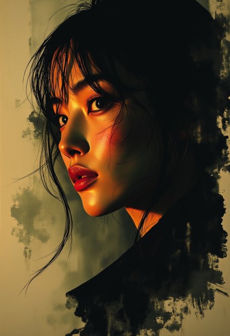 ArsMJStyle, Expressive Watercolor Ink Wash, mwv7_alpha_v01, sepia, henna , inksketch, Silhouette Art, magnificent, dark background, portrait of stunning japanese woman, long dark hair with platinum streaks, sidelocks, bangs, seductive, sultry, lustful, red lips, direct gaze, light hitting one side of face, abstract background