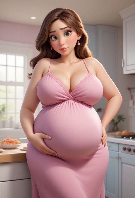 gorgeous 18-year-old beautiful Pixar caucasian full-figured innocent pregnant girl drawn in the style of a beautiful thick busty Pixar pregnant girl supermodel, shy blushing, sagging breasts wearing light blue tight spaghetti strap lounge dress, masterpiece, 8k quality, highly detailed, majestic, top quality, best quality, newest, intricate details, extremely beautiful, detailed face, perfect face, 1girl, sexy brown hair, beautiful eyes, standing upright pregnant pose, huge tits wearing light pink spaghetti strap lounge dress, thin, drawn like a sexy innocent Pixar girl, wearing cute pink spaghetti strap lounge dress, face red blushing embarrassed to be pregnant, sfw, cute makeup, shot from the waist up, image takes place inside of a kitchen, thick thighs, wide hips, flabby arms