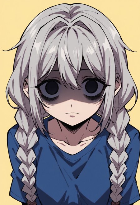 score_9, score_8_up, score_7_up, 1girl, black eyes, braid, grey hair, long hair, sidelocks, small breasts, long blue shirt, twin braids, yandere, empty eyes, shaded face, bags under eyes, solo, looking at viewer, yellow background, h4ruk4m1,