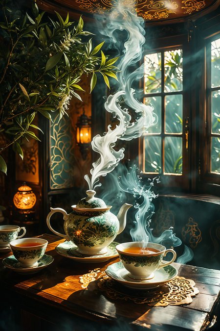 A magical tea house where the tea leaves tell fortunes and the steam forms intricate patterns revealing hidden messages. The setting is cozy with soft lighting and enchanted decor. 
,<lora:aidma-Image Upgrader-v0.1:0.85>,
  <lora:CBS_novuschroma37 style_b:0.8> novuschroma37 style, style of experimental photography, double exposure 
 <lora:MJ52:0.3>,
 <lora:xl_more_art-full_v1:0.4> ,
<lora:SDXLFaeTastic2400:0.4>