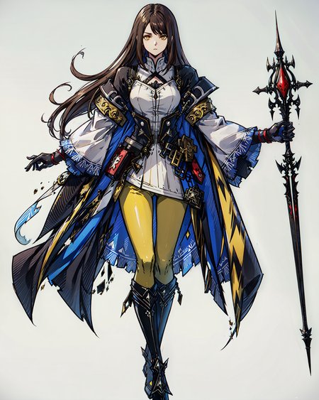 (earth mage), (yellow castlevania_clothes), (knee_boots), yellow_pants,
1girl, female, (young adult), femenine,
standing, looking at viewer, expressionless, 
holding magic staff,
brown hair,
(yellow eyes), (detailed eyes), 
[(white background:1.5)], (solo), ((full body shot)), game pose, 
<lora:epeulu-res:0.6>,
 <lora:ff16style:0.5>,  
<lora:gmstyle:0.4>,
<lora:nomura_tetsuya_offset:0.3>, 
<lora:GGST_Artwork:0.3>,