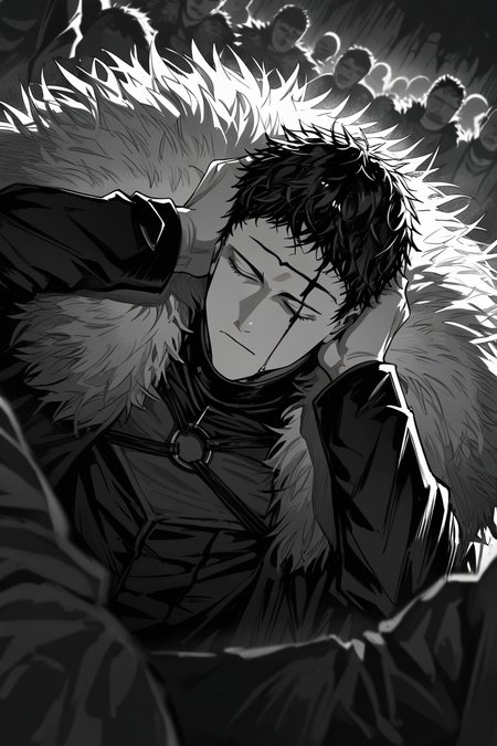 greyscale, realistic shading, dimlighting, facial marked-male focus, expressive expressionless face, zenonbc, black_zenonbc_facial mark, black_zenonbc_short hair, closed eyes, 1boy, looking away, shiny skin, covering own ears, fur-trimmed coat, dark outdoors war, multiple boys, 6+ boys, blurry crowd, fighting, blood splash, bleak environment, dark environment, shadow, foreshortening, dynamic angle, dynamic action, intricately detailed illustration, cinematic, depth of field, atmospheric perspective, masterpiece, best quality, amazing quality, very aesthetic, absurdres, newest, selective coloring