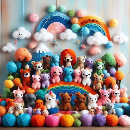 score_9, score_8_up, score_7_up, Yarnworld, rainbow colors, chibi animals, made of yarn, cute design, 
colorful detailed background,