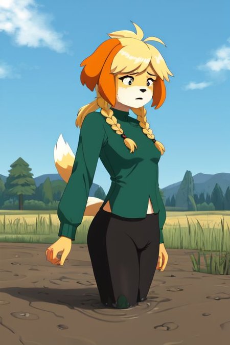 isabelle \(animal crossing\), (masterpiece, best quality:1.15), 1girl, solo, large breasts, high cheekbones, thick eyebrows, small mouth, looking to the side, leaning forward, adjusting clothes, tight leggings, crop top shirt, starry nights, long hair, twin short braids, scared, partially submerged, struggling, farmland bog