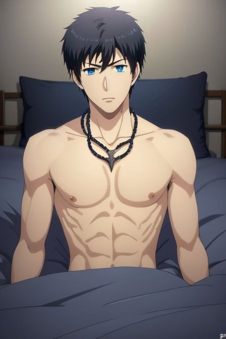 high resolution, solo, best quality, 1Boy, Arata Kaizaki, Portrait, Black Hair, Blue Eyes, bedroom, dimly lit, pillow, blanket, necklace, upper body quarter, shirtless, sixpack, horny, OverallDetail