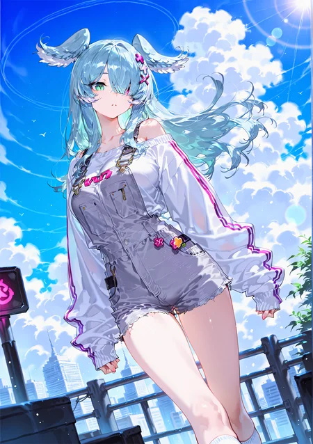 zPDXL3 Real score_9, score_8_up, score_7_up, score_6_up source_anime, highly detailed, sharp, intricate details, rating_safe rating_sensitive, rating_explicit, masterpiece, best quality, good quality, bright eyes light particles lens flare amazing quality, very aesthetic, very awa, absurdres, newest,
<lora:yoneyamaiXLNBVP1lokrV6311PZ:0.5>, <lora:nyaliaXLillokrV531:0.5>
<lora:nhl-001:0.4> nhl-001 film grain multicolored background  <lora:ponyv4_noob1_2_adamW:0.4>
medium breasts, dynamic pose, dynamic angle,
optical illusion, ssambatea, quasarcake, Fishine, arutera, soresaki, reoen, sanbonzakura, askzy, negative space, see-through, made of, neon light, detailed background,
niji-pendora,large breasts,heterochromia,green eye,symbol pupils,+_+,blue-green hair,streaked hair,head wings,long hair,hair ornament,x hair ornament,hair over one eye,covered one eye,
niji-pendoracos1,grey overalls,short overalls,white sweater,long sleeves,sleeves past fingers,sleeves past wrists,single off shoulder,white socks,short socks,
outdoors, cloud, sky, blue sky, scenery, day, blue theme, cloudy sky,
<lora:niji-elira:0.7>