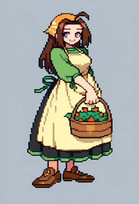 score_9, score_8_up, score_7_up, source_anime, BREAK, solo, 1girl,  smile, looking at viewer,  <lora:CPS2-pdxl_Fp:1>, simple background, full body, pixel art, <lora:Celia-pdxl_Fp:1>, celiahm, brown hair, grey eyes, ahoge, long hair, bandana, green shirt, apron, skirt, brown footwear,
