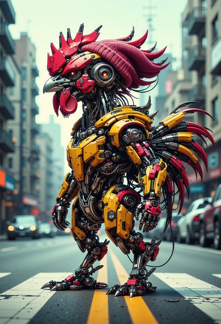 A digital artwork in the style of cknc, a full body portrait shot of an anthropomorphic biomechanical chicken, wearing a knitted beanie crossing the road <lora:lora:1>  <lora:dvr-transformers-flux:1>