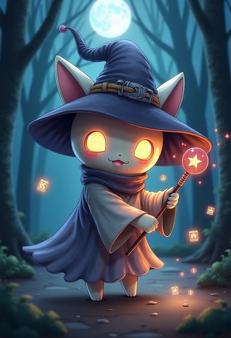 A small ghostly creature resembling Mimikyu, with its ragged cloth redesigned to look like a handmade, slightly off-kilter version of Dark Magician Girl’s outfit. Her fake hat is oversized and floppy, made of patched-together fabric. Big glowing eyes peek out from the shadows beneath the costume. She holds a crooked, glittery wand shaped like a lollipop staff, and sparkles of dark energy swirl around her. She stands shyly in a moonlit forest, surrounded by floating spell cards and glowing runes. Cute-meets-creepy anime art style, magical atmosphere, soft shadows, detailed, HD fantasy illustration.