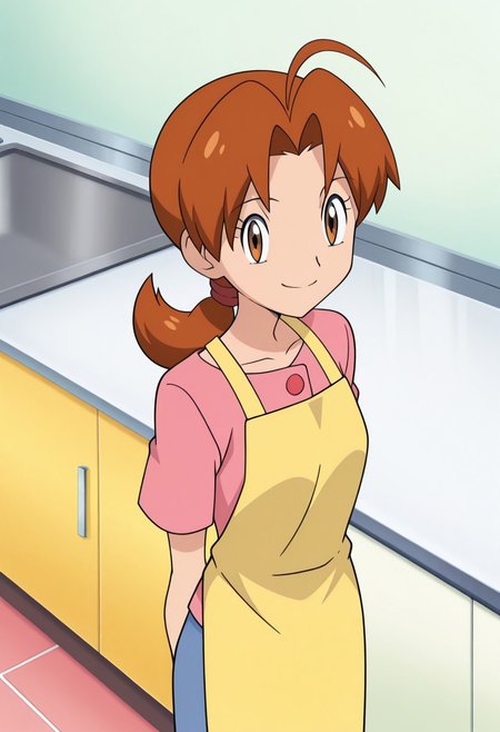 Masterpiece, high quality, source_anime, anime screenshot, anime screencap, deliaketchum, brown hair, brown eyes, parted bangs, ahoge, ponytail, low ponytail, from above,  leaning on kitchen, arms behind back, looking at viewer, smile, kitchen, apron, closed mouth , short sleeves, indoors ,