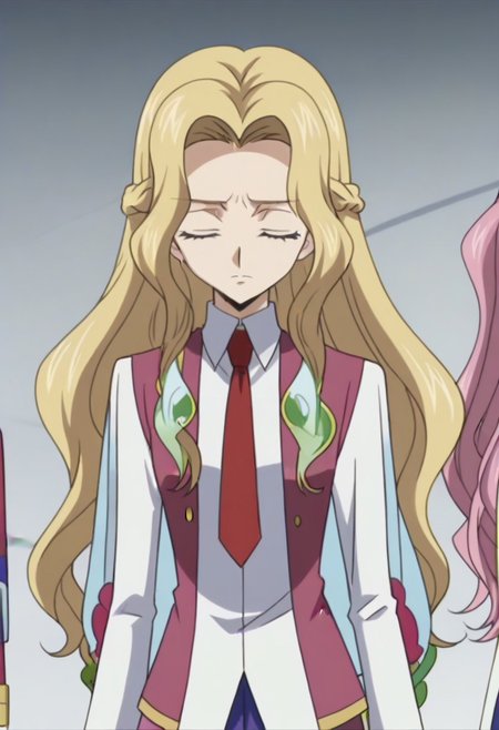 anime screencap, masterpiece, best quality, Code Geass anime art style, <lora:Nunnally_Lamperouge:1>Nunnally Lamperouge, 1girl, ashford academy school uniform, long hair, necktie, school uniform, closed eyes,