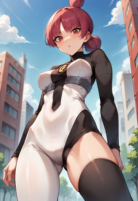 score_9, score_8_up, score_7_up, source_anime, masterpiece, 1girl, ct_jup1t3r, red eyes, bodysuit, asymmetrical legwear, logo, underbust, from below, looking at viewer, outdoors, city, depth of field,  <lora:Jupiter_pokemon_ct:1>