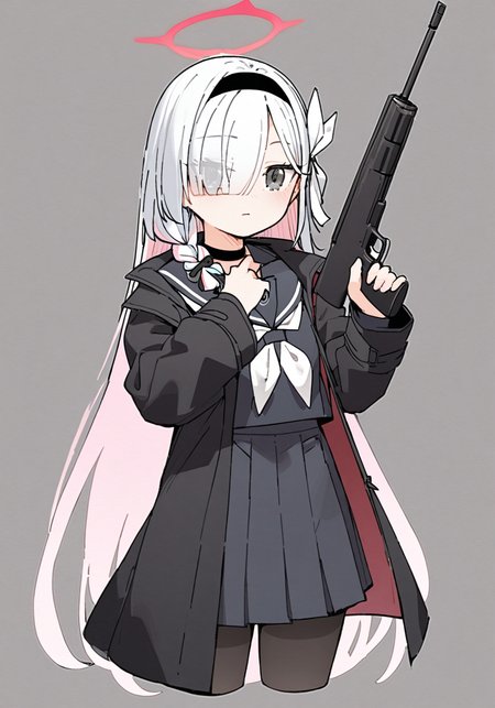 masterpiece, best quality, <lora:style21-a31-000017:1>,1girl, solo, halo, weapon, long hair, white hair, holding, gun, sailor collar, pantyhose, hairband, neckerchief, grey eyes, white neckerchief, school uniform, hair over one eye, cropped legs, serafuku, braid, black pantyhose, holding weapon, skirt, bangs, long sleeves, rifle, black serafuku, black hairband, choker, holding gun, simple background, coat, arona (blue archive), black coat, umbrella, multicolored hair, hair ribbon, grey background, black shirt, pleated skirt, open coat, very long hair, black skirt, ribbon, open clothes, shirt, black choker, two-tone background, eyes visible through hair, looking at viewer, black sailor collar, pink hair, closed mouth, white bow, single braid