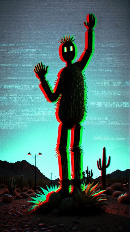 A talking cactus runs for mayor of a small desert town, promising free sunscreen for all residents.
(dark shot:1.2)
(optical effect, glitch art, glowing, layered effects:1.2)
 <lora:xray:2>