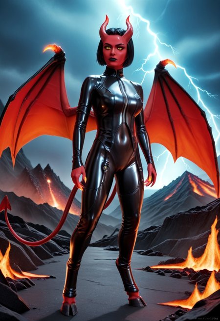 A 35mm photo of a beautiful slim woman, she is a demon , vibrant red skin, demon horns, clawed reptilian hands, digitigrade demon hooves, spade tipped demon tail, lace bodysuit lingerie, standing in a volcano, long straight black hair, large green feline demon eyes, demonic wings, lit with a sickly green light
lava, fire, volcano, lightning, ruanyi0869,black bodysuit,shiny clothes