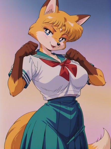 score_9, score_8_up, score_7_up, anime screencap, anime coloring, retro artstyle,
1girl, school uniform, red tie, skirt, short hair, curvy, fox tail, fox girl, animal ears, (fox ears:1.1), large breasts, wide hips, bright pupils,, naughty face, paw pose, head tilt, sexually suggestive, sexy pose,
, looking at viewer, (dynamic pose:1.1), cowboy shot, gradient background,
(fur skin:1.2), colored skin, purple skin, furry female, fur, fur, 
TominagaFurry,, <lora:ATominagaFurry_style-10-PONY:1>