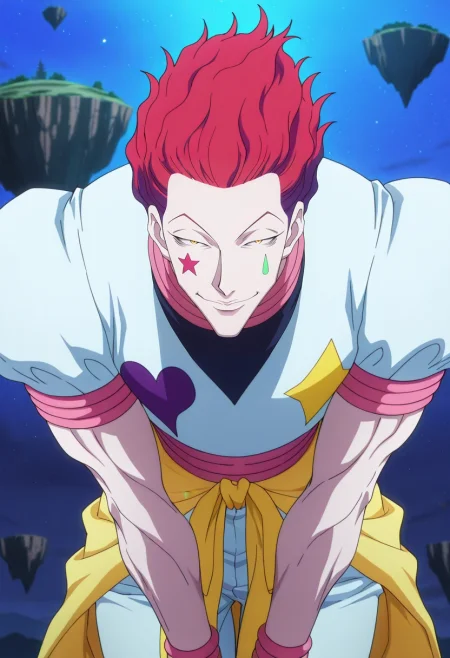 masterpiece, best quality, , anime screencap, anime coloring, official style, looking at viewer, 1boy, solo, male focus, <lora:hisoka_morow_ilxl:0.92>, hisoka_morow, red hair, yellow eyes, facial mark, star \(symbol\), cowboy shot, floating island, light, leaning forward, half-closed eyes, smile,