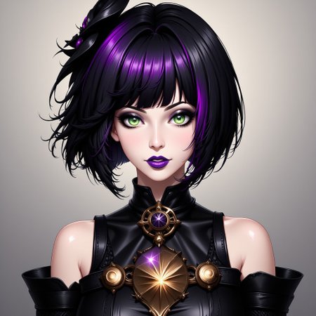 1woman,black hair,bob cut,medium hair,green eyes,purple lips,black dress,goth,DreamArt