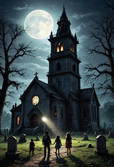 masterpiece, best quality,
digital artwork of creepy old church, 3 kids in Halloween costumes holding flash lights,
japanesehorrorclassics, 
horror scene,
full moon, night, cosmic rays, haunted place, abandoned old church, graveyard, giant bell tower, wide shot, old trees, forest background, tombstones, scary, paranoia, feeling like someone is watching you, ruined, dirty, cemetery, fear, dread, 
(low angle:1.3), focus on old tower,
cinematic, horror, creepy atmosphere, intricate, detailed, rays of light,