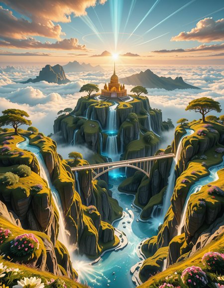 A mesmerizing celestial background featuring an otherworldly paradise. Towering crystalline mountains with peaks that glow softly under a sky painted in shifting hues of iridescent blues, pinks, and golds. Rivers of liquid light flow through vast, open meadows filled with luminescent flowers that pulse with a gentle glow. Gigantic, translucent trees with silver leaves sway in a breeze that carries floating particles of golden dust. Suspended bridges made of shimmering energy connect ancient, floating monoliths engraved with intricate celestial patterns. In the distance, an enormous radiant waterfall cascades into a bottomless, mist-covered abyss, reflecting the surrounding ethereal glow. A tranquil atmosphere, untouched and divine, filled with an overwhelming sense of wonder and serenity.
<lora:SDXLFaeTastic2400:0.4> <lora:extremely_detailed:0.4> extremely detailed,heavenly l4ndsc4p3, <lora:heavenly_l4ndsc4p3-i:1>, Masterpiece,best quality,hi res,8k,hi res,8k,award winning,(sharp focus, intricate, highly detailed),